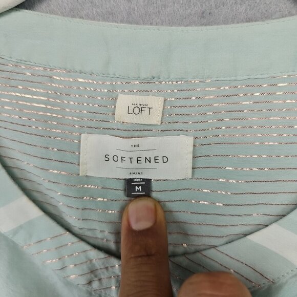Ann Taylor LOFT The Softened Shirt Tunic Womens M Pastel Aqua Metallic Striped - Picture 3 of 11